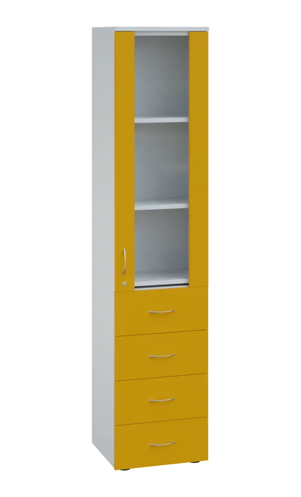 LE - 44 skříň léková prosklená, pravá, korpus bílý, dvířka žlutá odio